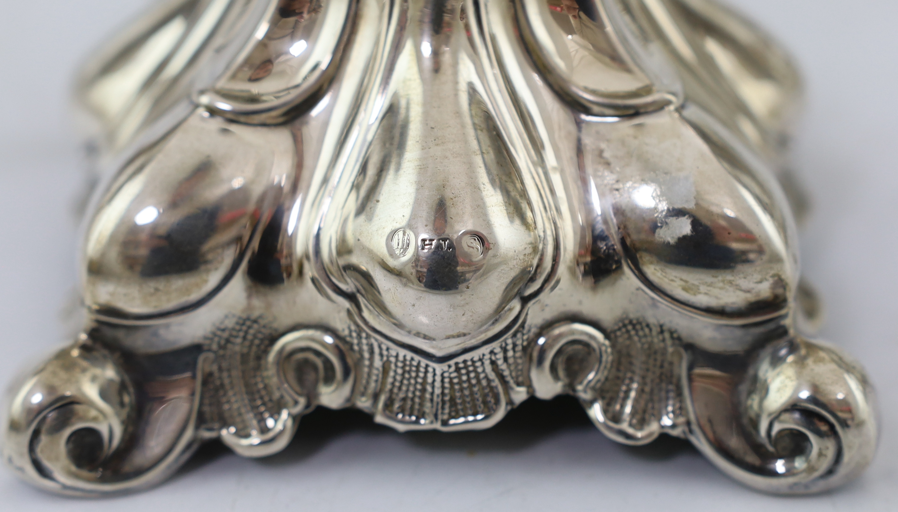 A pair of 1940's Danish silver two branch, three light dwarf candelabra, by Hans Jensen & Co
